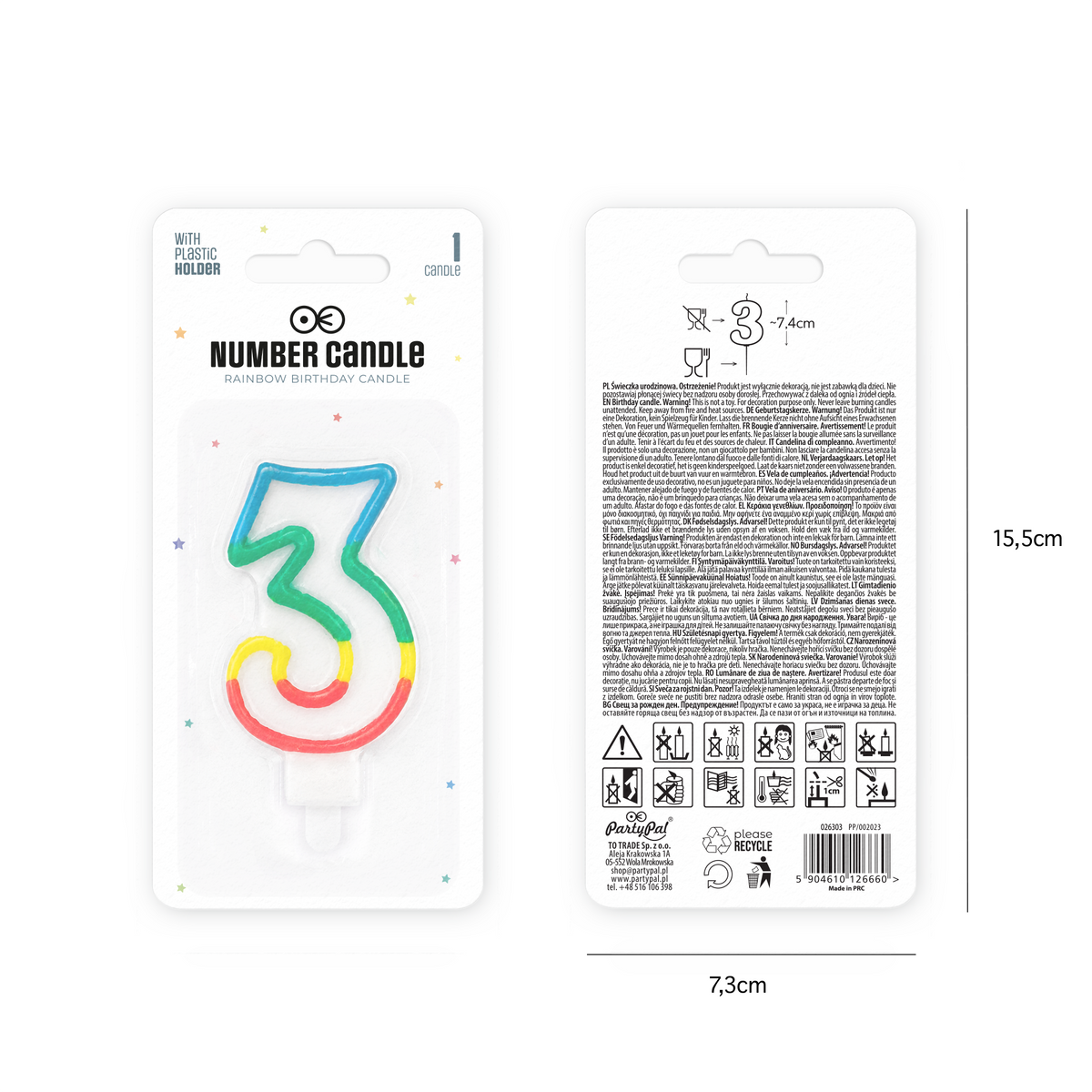Duhová číslice 3 svíčka na dort