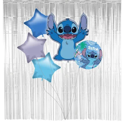 Kytice fóliových balónků Stitch & Angel s jedním supersize balónkem a třemi hvězdami