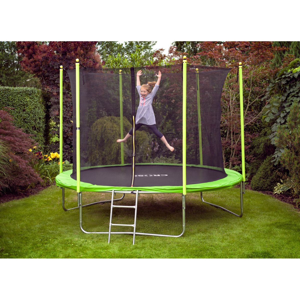 Trampolína Cross se sítí a žebříkem, zelenočerná, 306x306x250cm