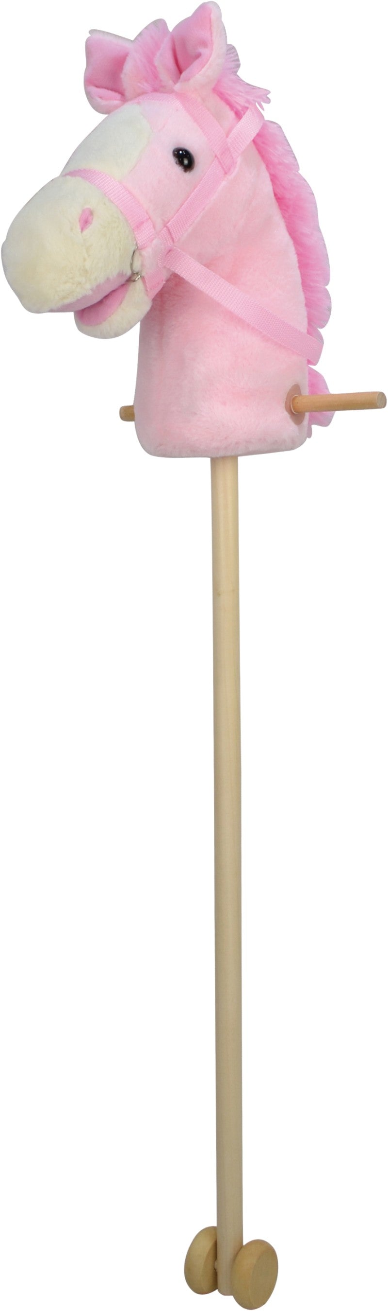 Růžový kůň na tyči 95 cm, se zvukem koně. S kolečky, odnímatelná dřevěná tyč