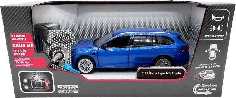 Škoda Superb IV Combi modré + nabíjecí stanice 1:35
