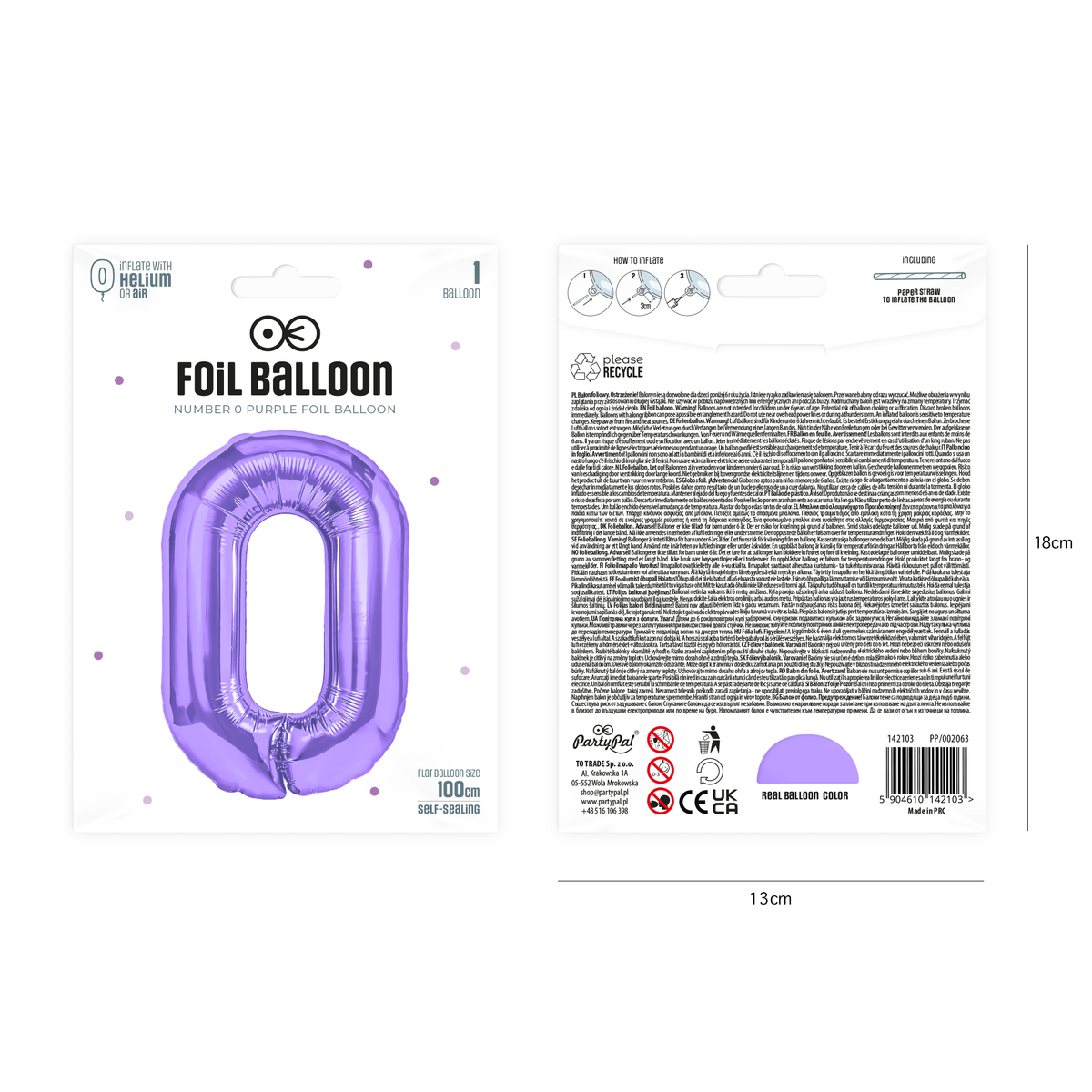 Foliový balón číslo 0 purple 100 cm