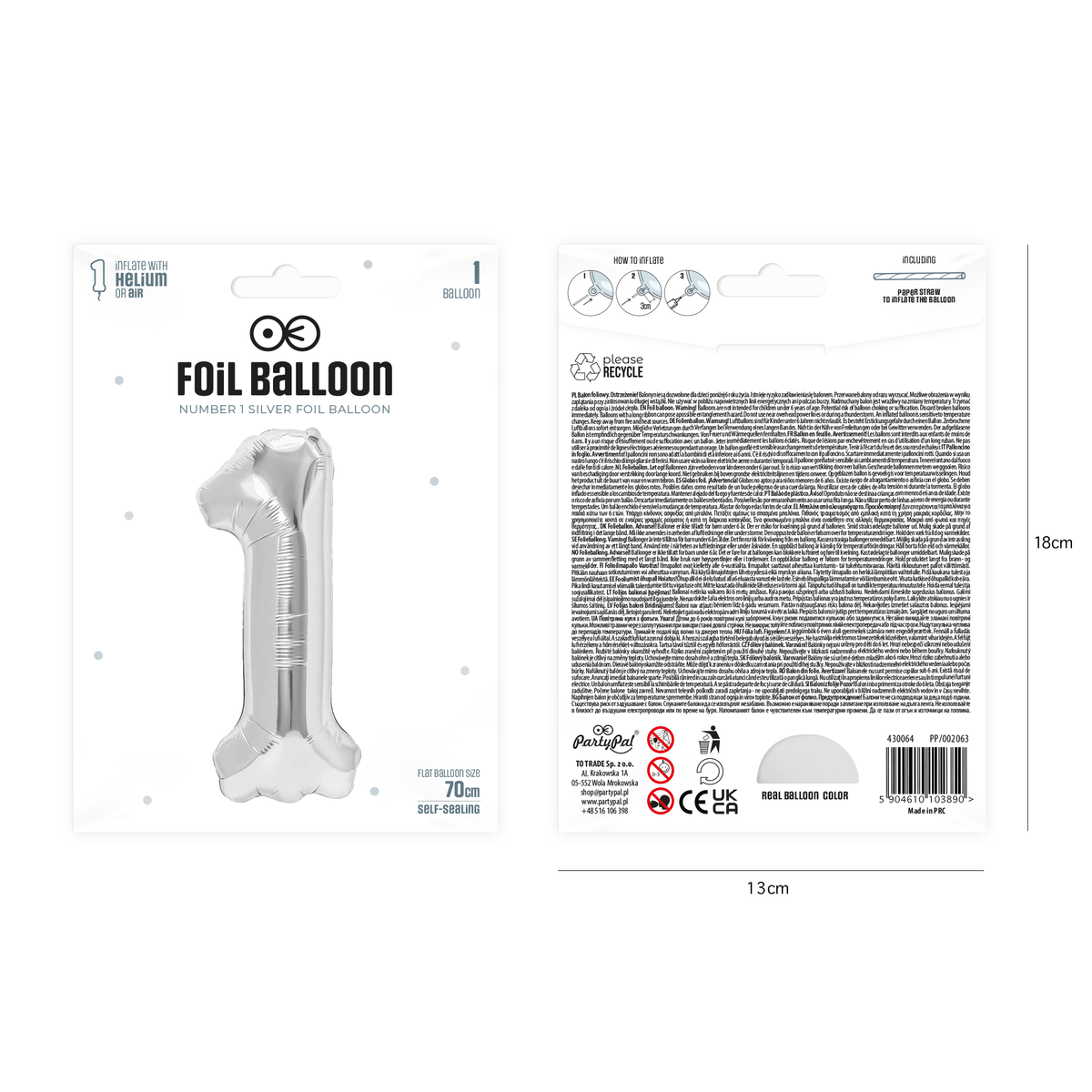 Foliový balón číslice 1 stříbrný 70 cm