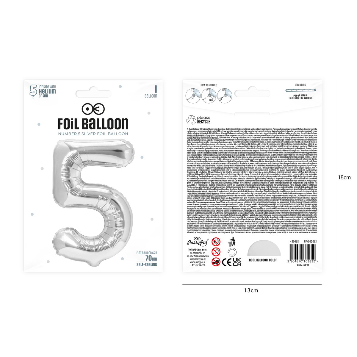 Foliový balón číslice 5 stříbrný 70 cm