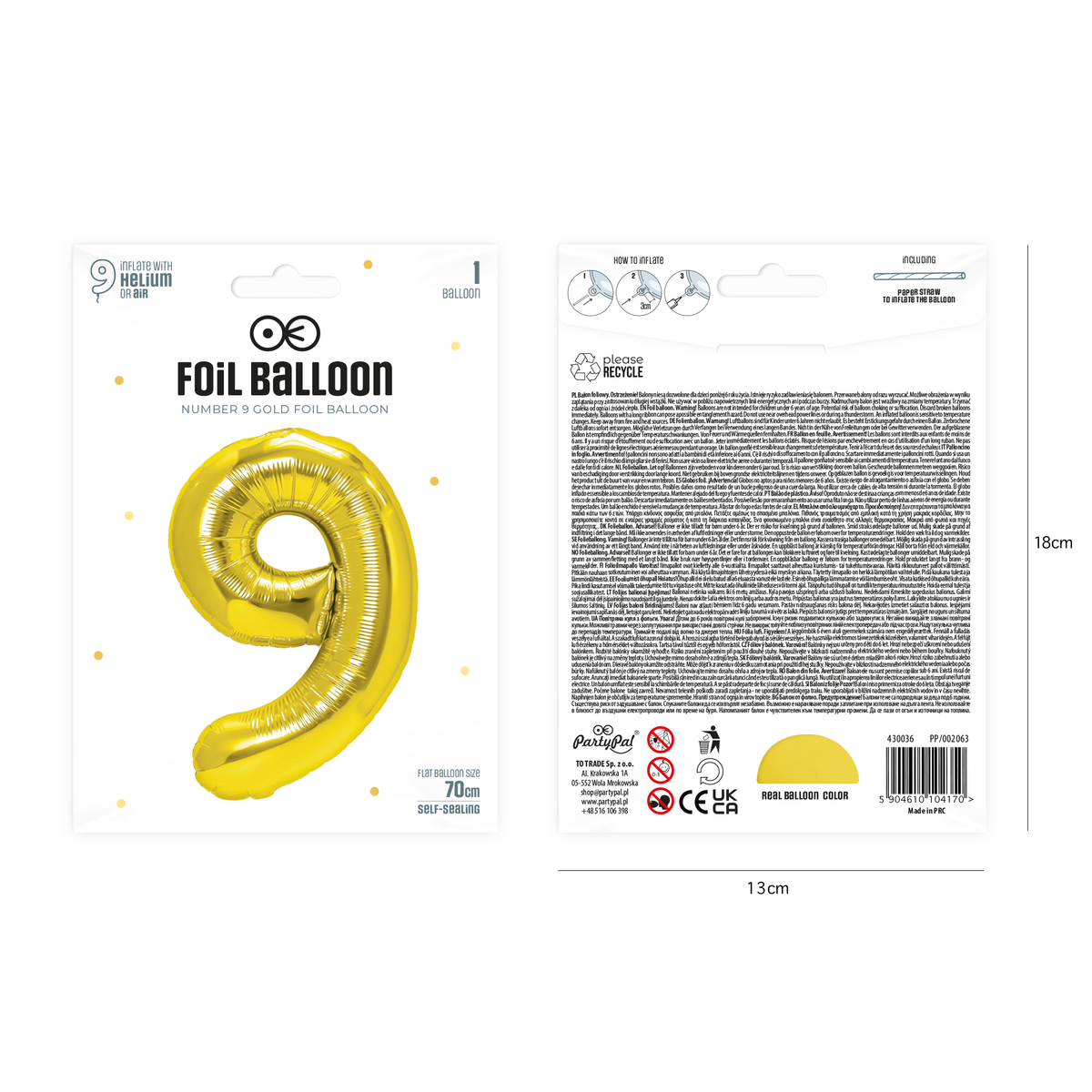 Foliový balón číslice 9 zlatá 70 cm