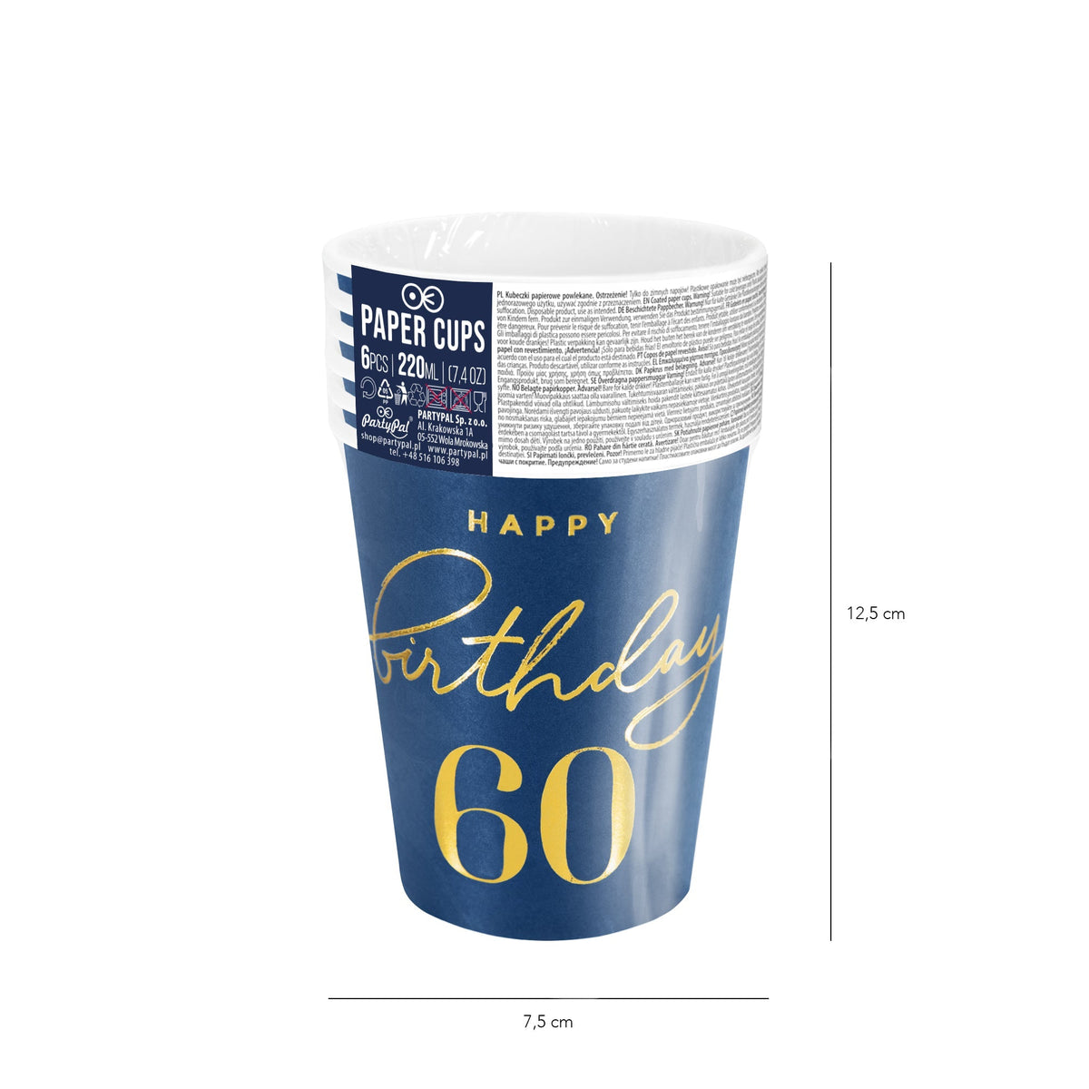 Happy Birthday 60 modré - Kelímky papírové - 220 ml 6 ks