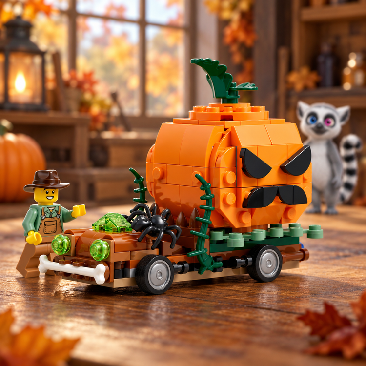 LEGO pick-up s halloweenskou dýní a Funkim v pozadí