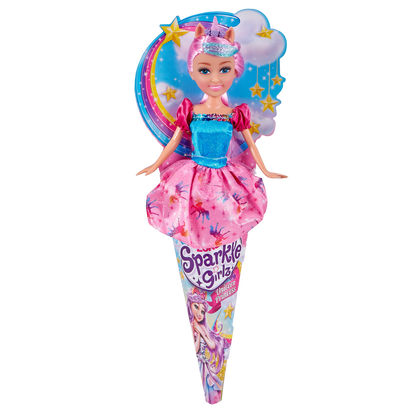 Víla jednorožec Sparkle Girlz v kornoutku růžové vlasy