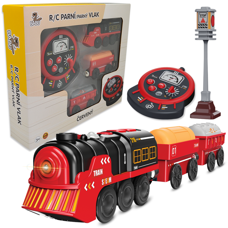 BABU vláčky - R/C Parní vlak - červený (se zvuky, světly a kouřovými efekty)