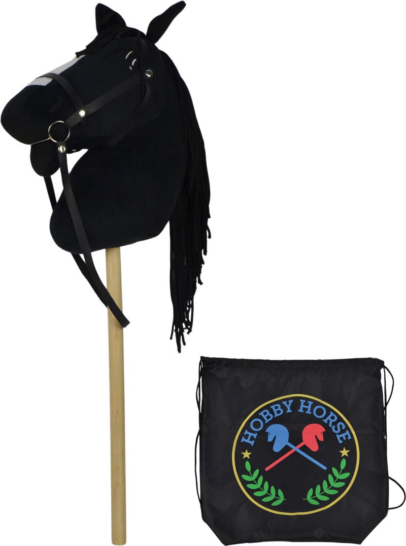 Černý kůň na tyči 73 cm, s černým batohem, se zvukem koně