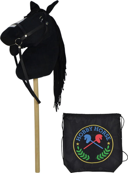 Černý kůň na tyči 73 cm, s černým batohem, se zvukem koně
