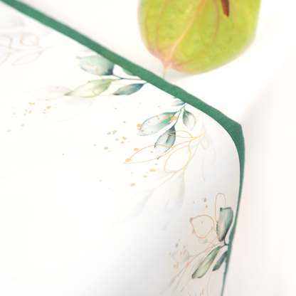 Leaf table runner with a gold floral motif, 275 x 28cm