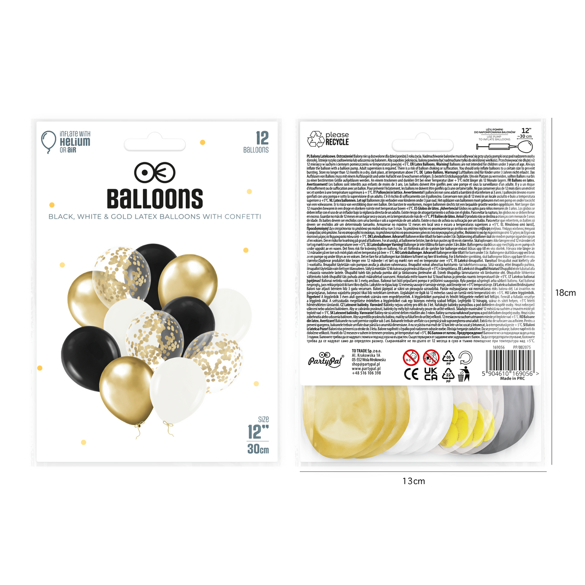 Balónky s konfetami -  black, white and gold 30 cm 12 ks