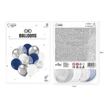 Balónky s konfetami - silver, white and navy blue 30 cm -  12 ks
