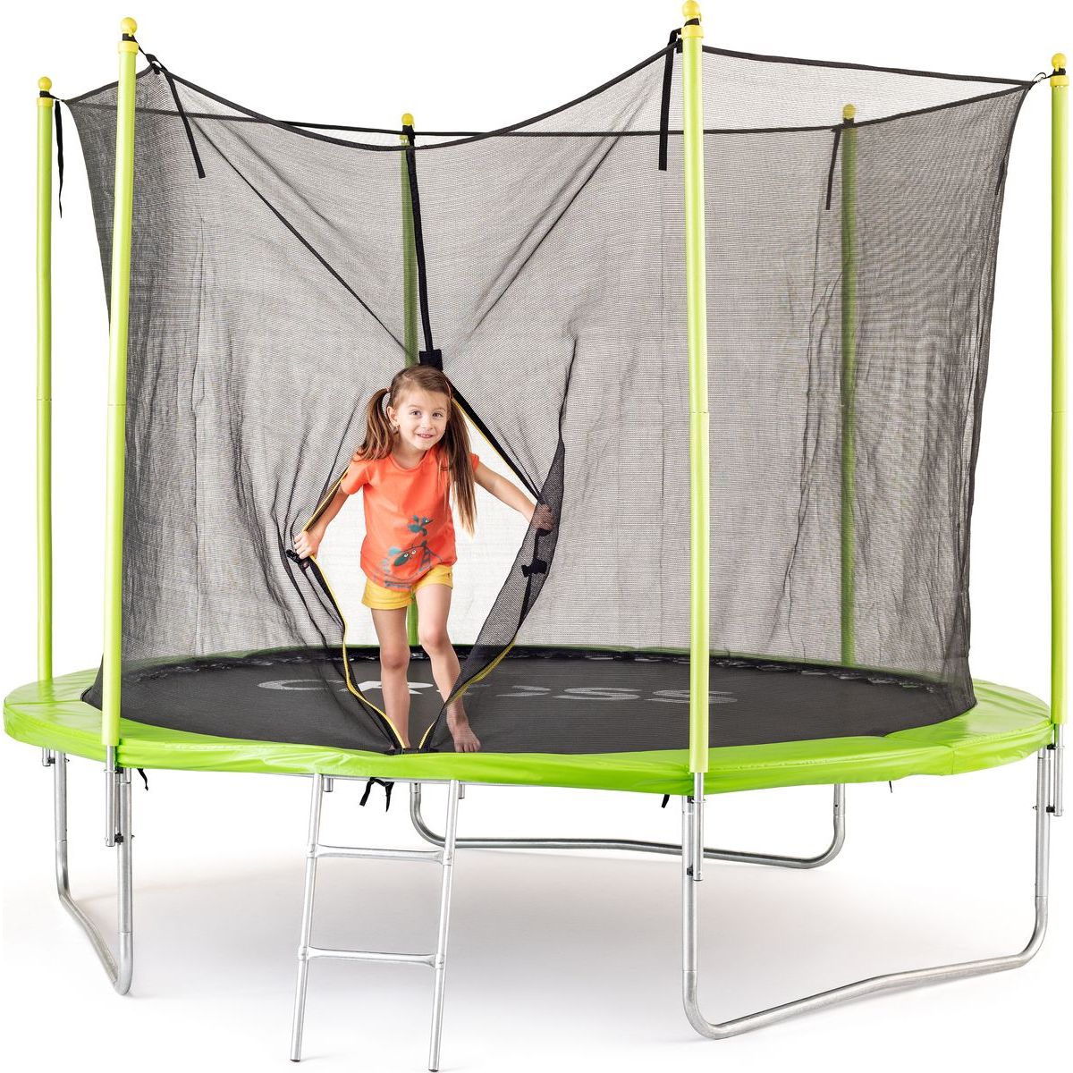 Trampolína Cross se sítí a žebříkem, zelenočerná, 306x306x250cm