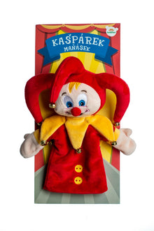 Kašpárek maňásek na ruku plyšový 28 cm s rolničkami