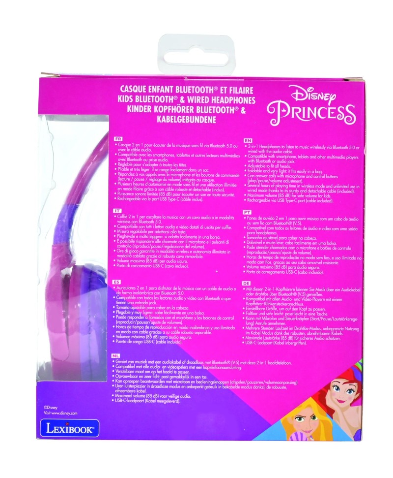 Lexibook 2v1 bluetooth skládací sluchátka Disney princezny s limitem hlasitosti