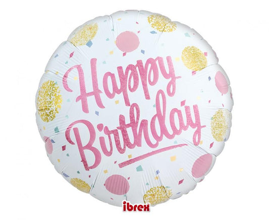 Balónek fóliový Happy Birthday Gold & Pink, kulatý, 36 cm