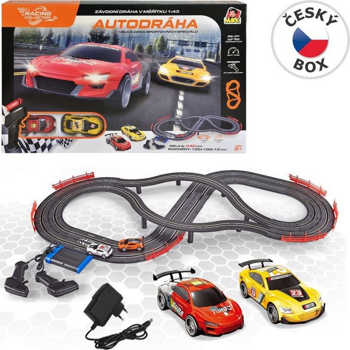 Autodráha, 2 auta, 2 ovladače, s EU adaptérem, délka trati 4