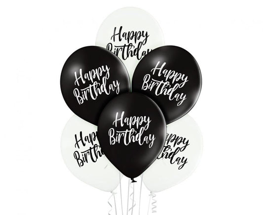 Balónky latexové Happy Birthday, bílo-černé, 30 cm, 6 ks