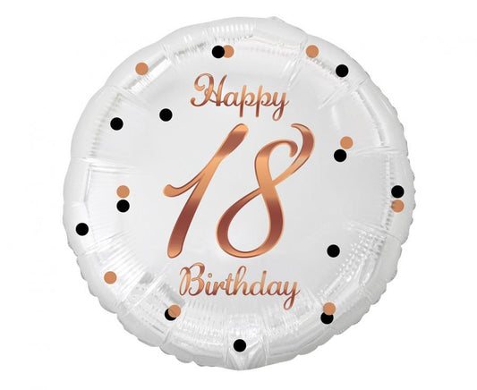 Balónek fóliový Happy 18 Birthday, bílý s růžovozlatým potiskem, 46 cm