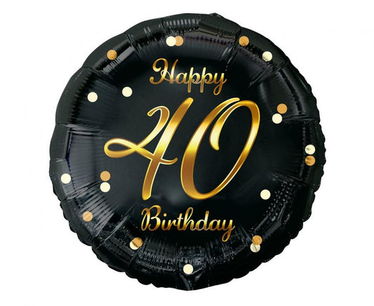 Balónek fóliový Happy 40 Birthday, černý se zlatým potiskem, 45 cm