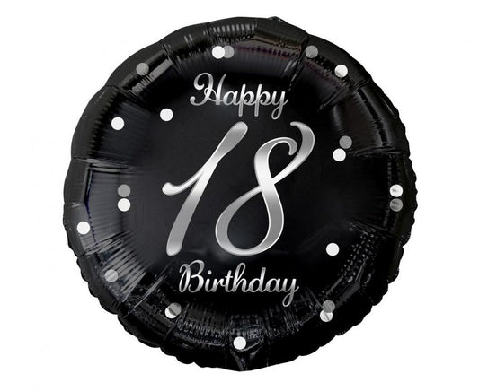 Balónek fóliový 18 Birthday, černý se stříbrným potiskem, 46 cm