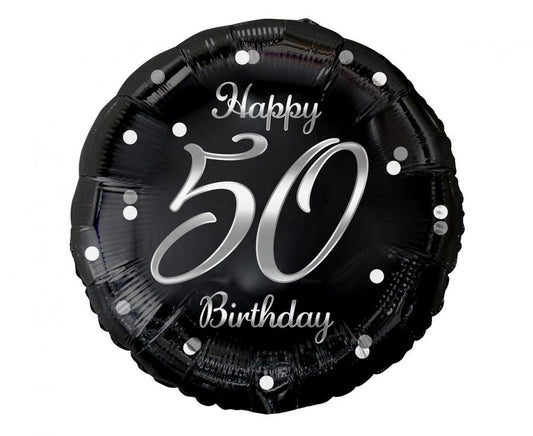 Balónek fóliový Happy 50 Birthday, černý se stříbrným potiskem, 46 cm