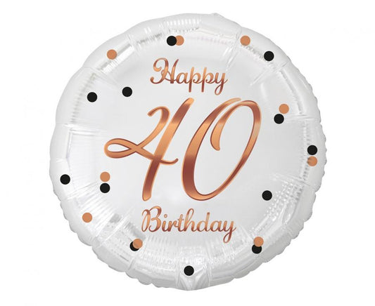 Balónek fóliový Happy 40 Birthday, bílý s růžovozlatým potiskem, 46 cm