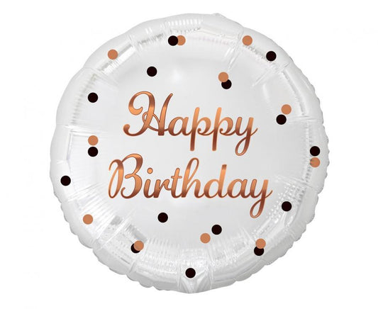 Balónek fóliový Happy Birthday, bílý s růžovozlatým potiskem, 46 cm