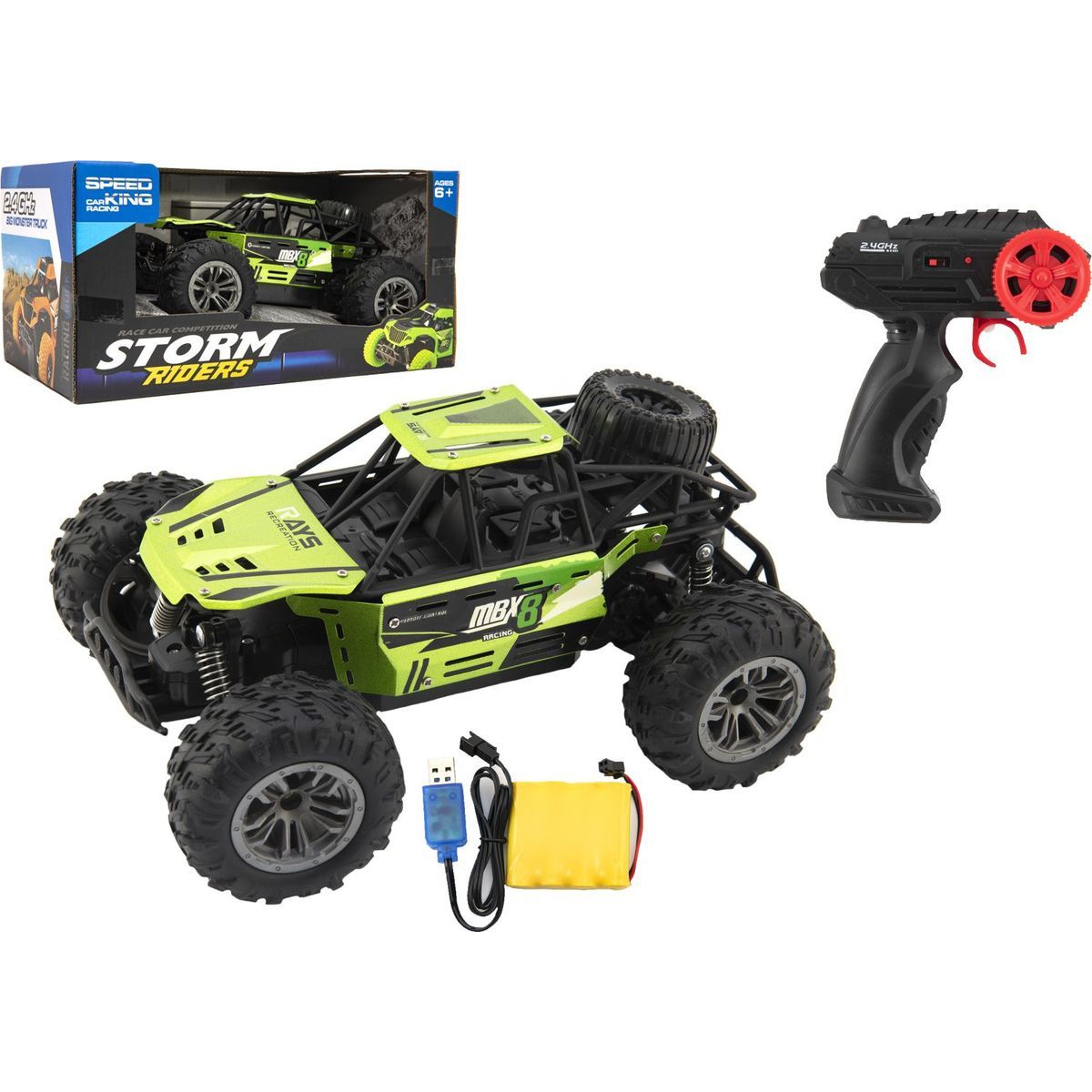 Auto RC buggy terénní zelené 22cm plast 2,4GHz na baterie + dobíjecí pack v krabici 32x16x18cm
