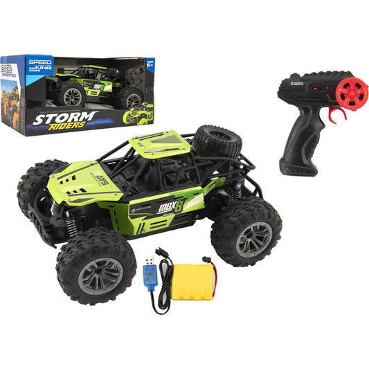 Auto RC buggy terénní zelené 22cm plast 2,4GHz na baterie + dobíjecí pack v krabici 32x16x18cm