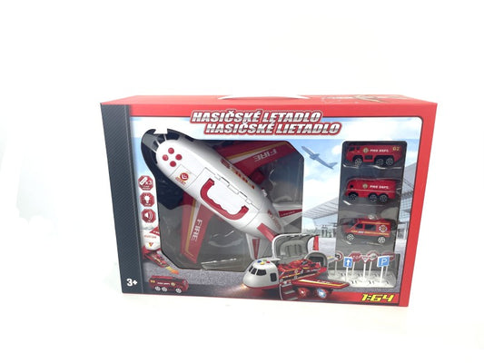 Hasičské letadlo s nákladním prostorem + 3 autíčka 1:64