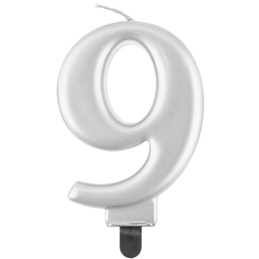 Svička Číslice 9 stříbrná metalická 8 cm