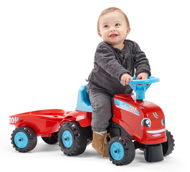 Odstrkovadlo - traktor Go Farm červené s volantem a valníkem