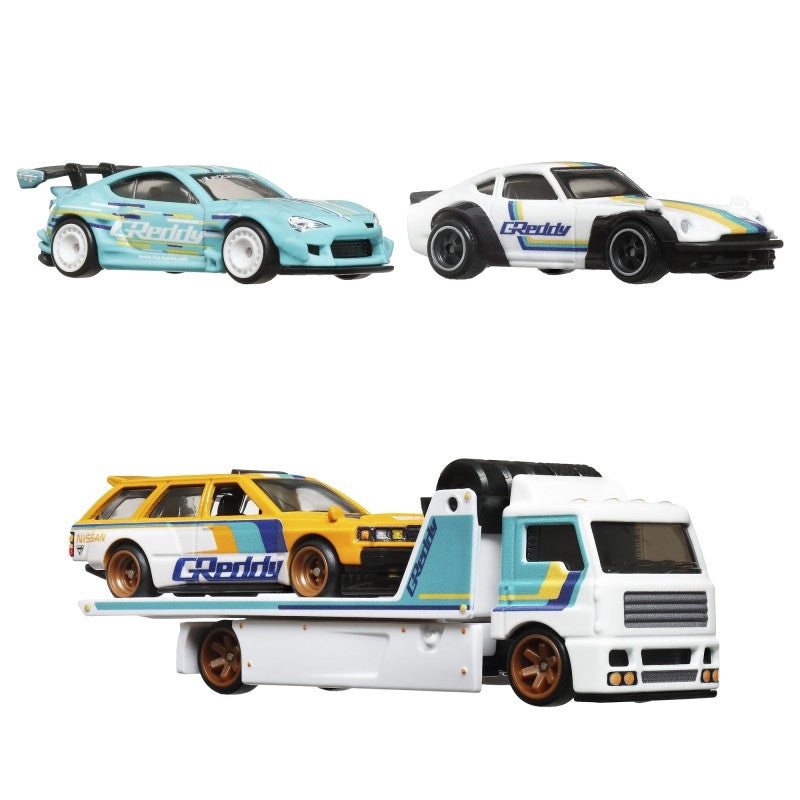 Hot Wheels 3ks prémiový angličák s týmovým tahačem - závod Le Mans