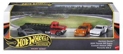 Hot Wheels 3ks prémiový angličák s týmovým tahačem - závod Le Mans