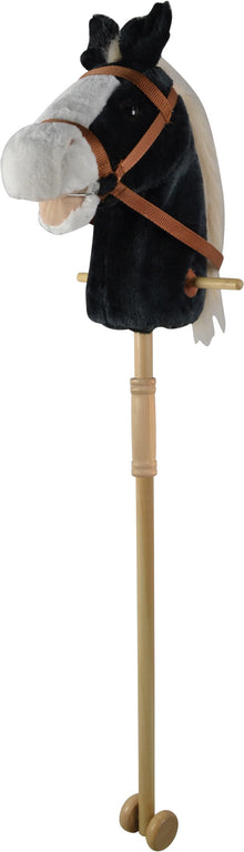 Černý kůň na tyči 95 cm, se zvukem koně. S kolečky, odnímatelná dřevěná tyč