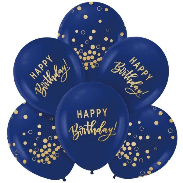 Balónky latexové Happy Birthday tmavě modrá/zlatá 30 cm 6 ks
