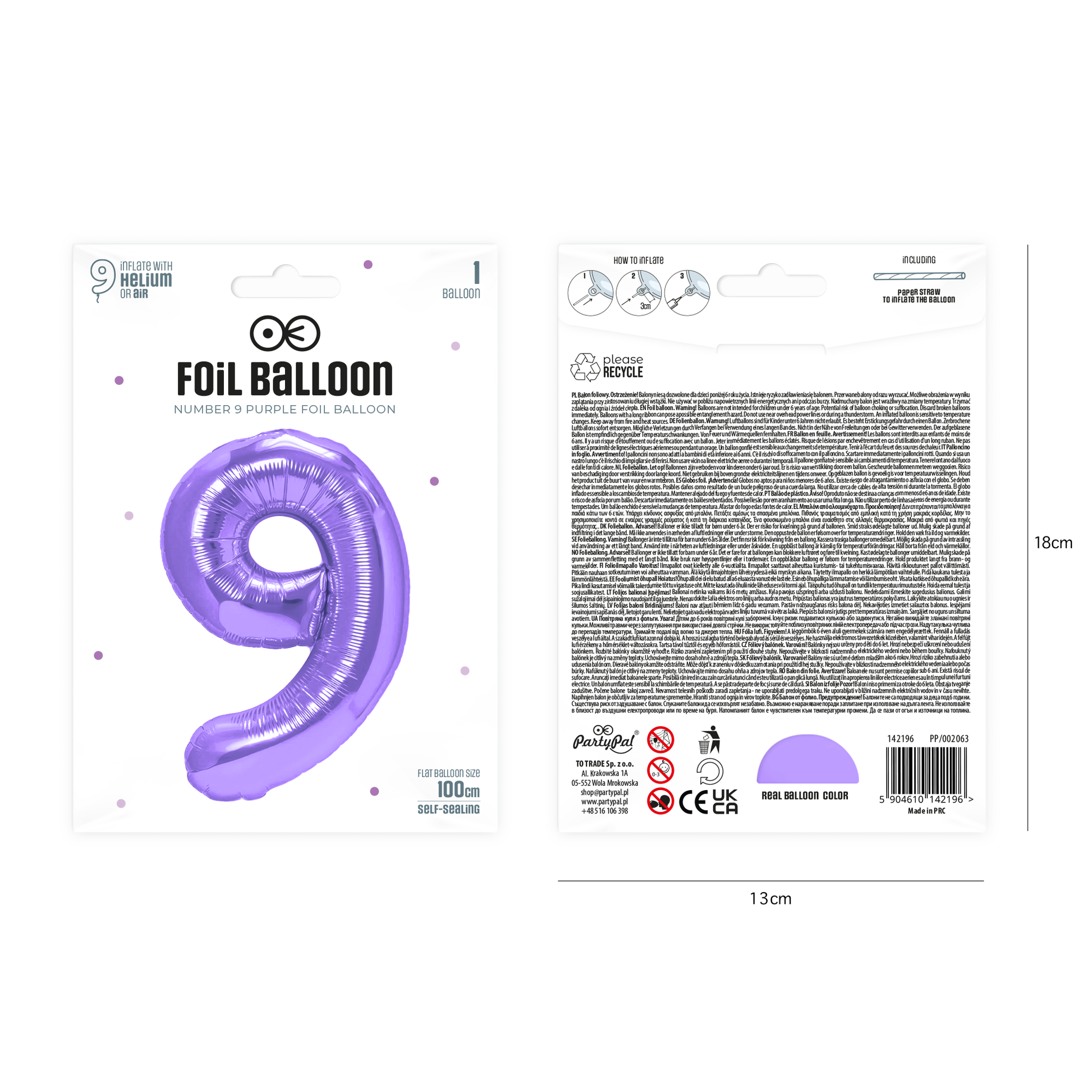 Foliový balón číslo 9 purple 100 cm