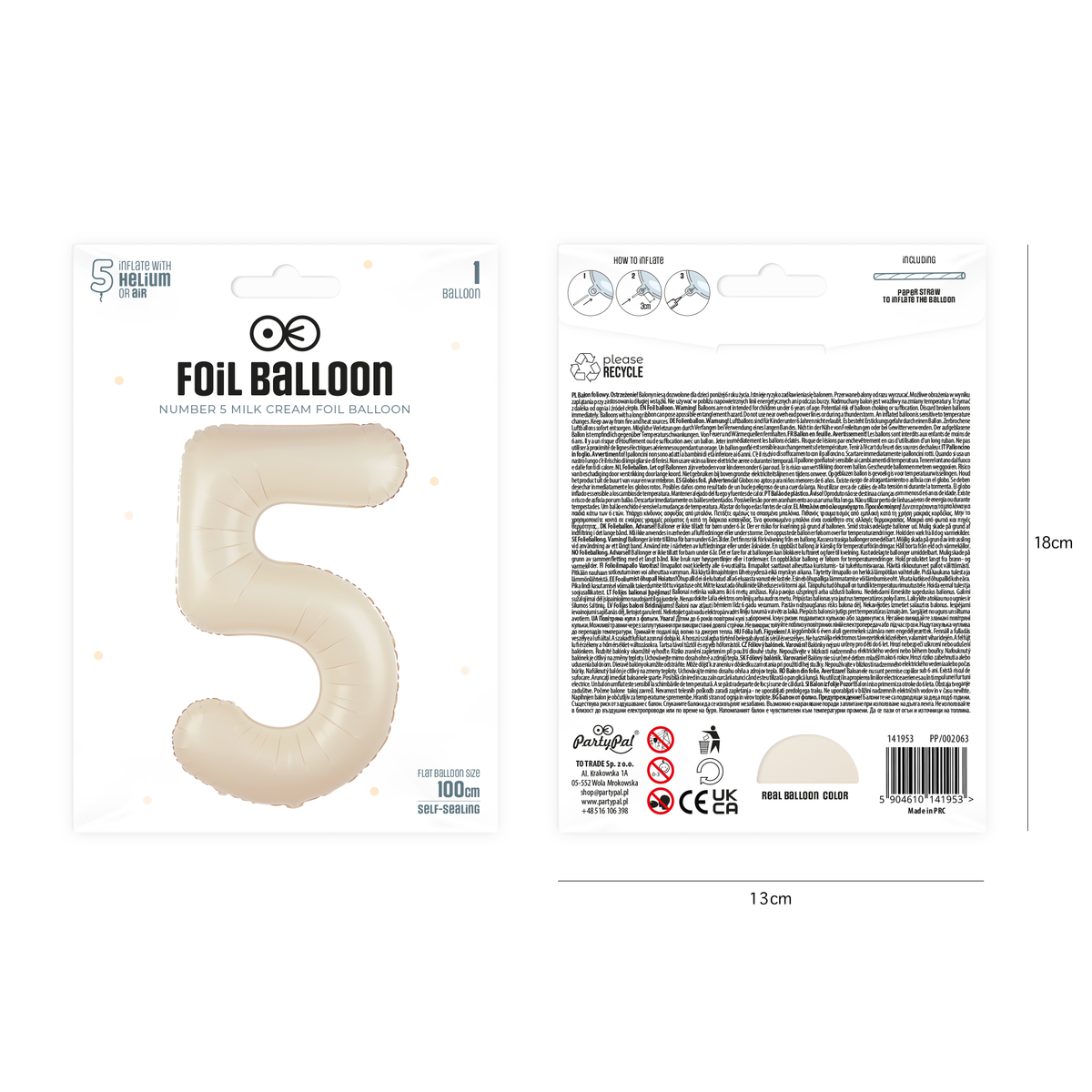 Foliový balón číslice 5 krémový 100 cm