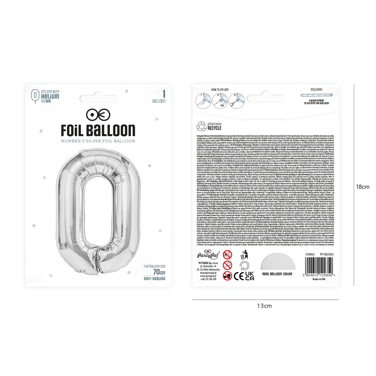 Foliový balón číslice 0 stříbrný 70 cm