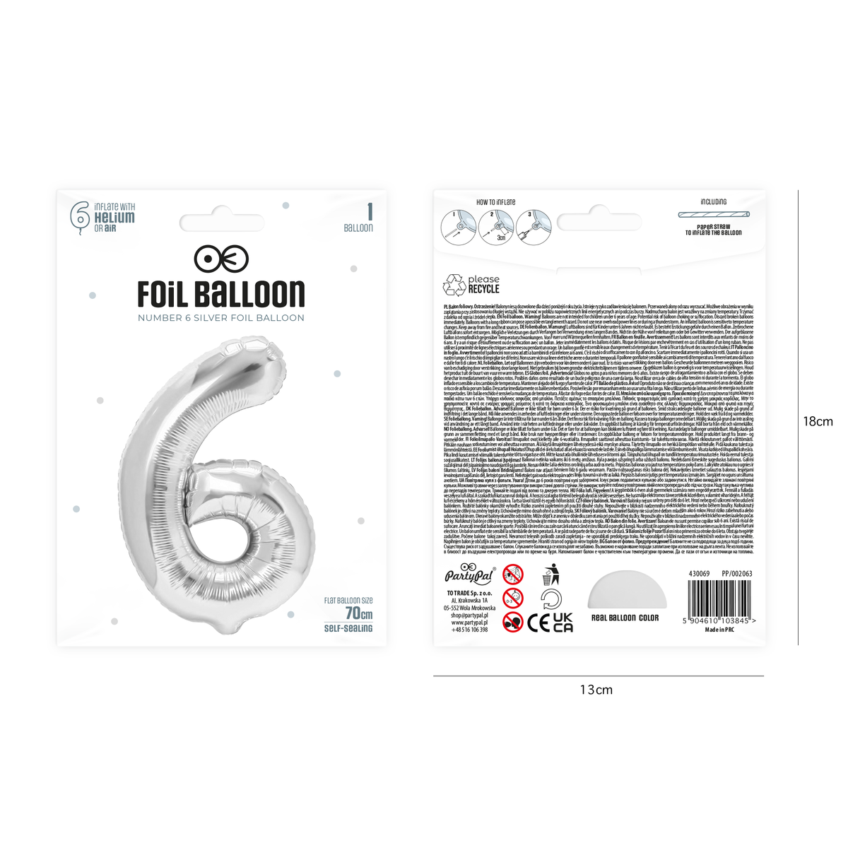 Foliový balón číslice 6 stříbrný 70 cm