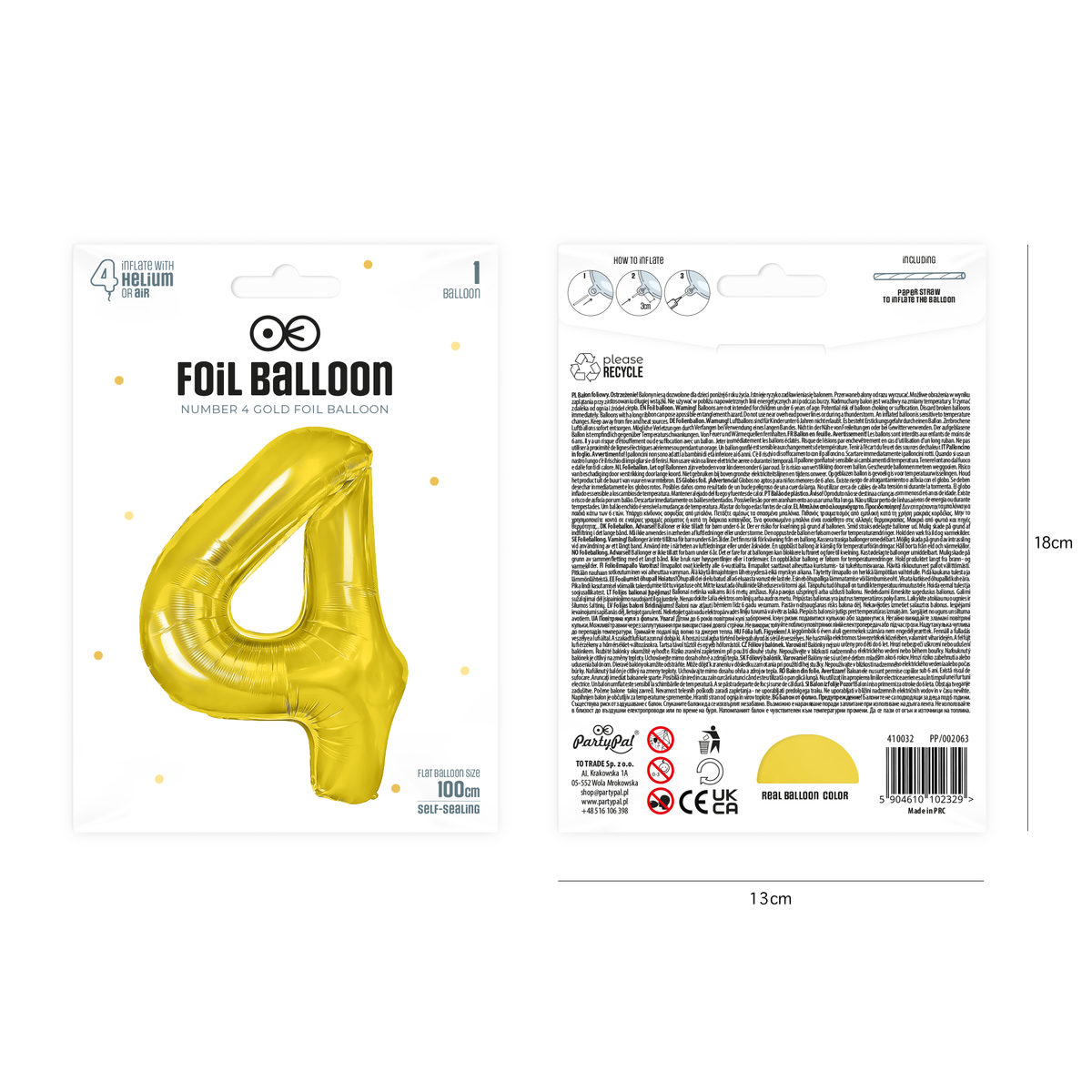 Foliový balón číslice 4 zlatá 100 cm