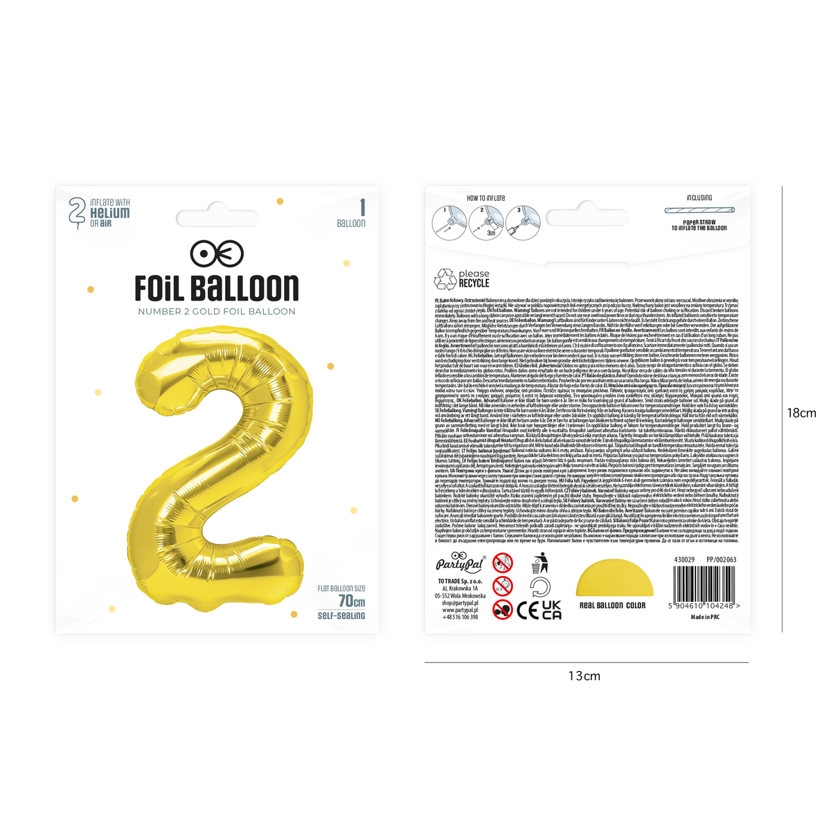 Foliový balón číslice 2 zlatá 70 cm