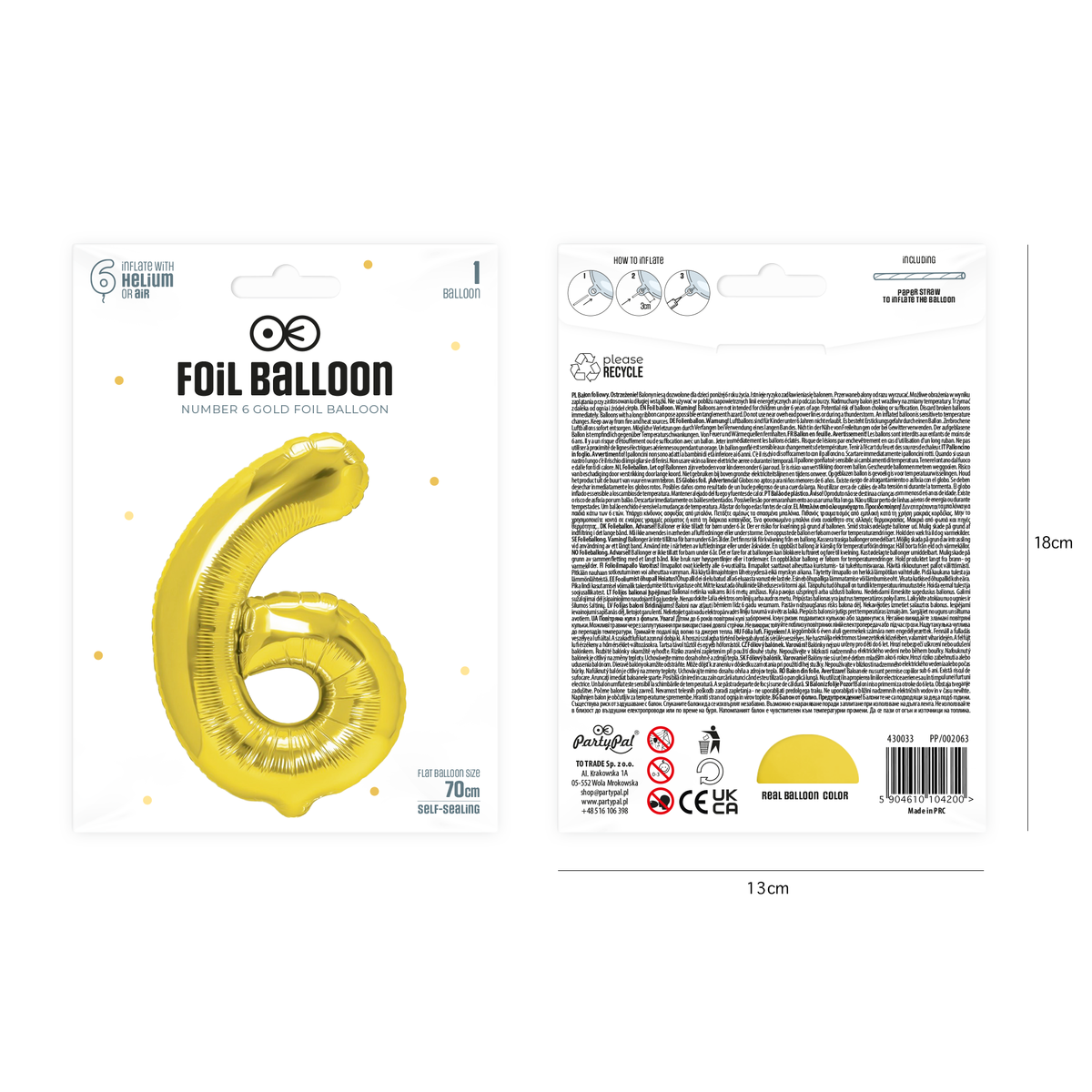 Foliový balón číslice 6 zlatá 70 cm