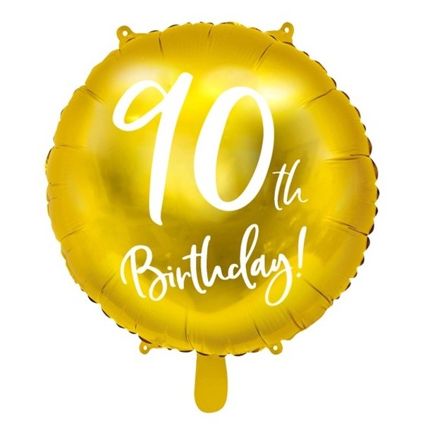 Balónek foliový 90.narozeniny zlatý s bílým Nápisem