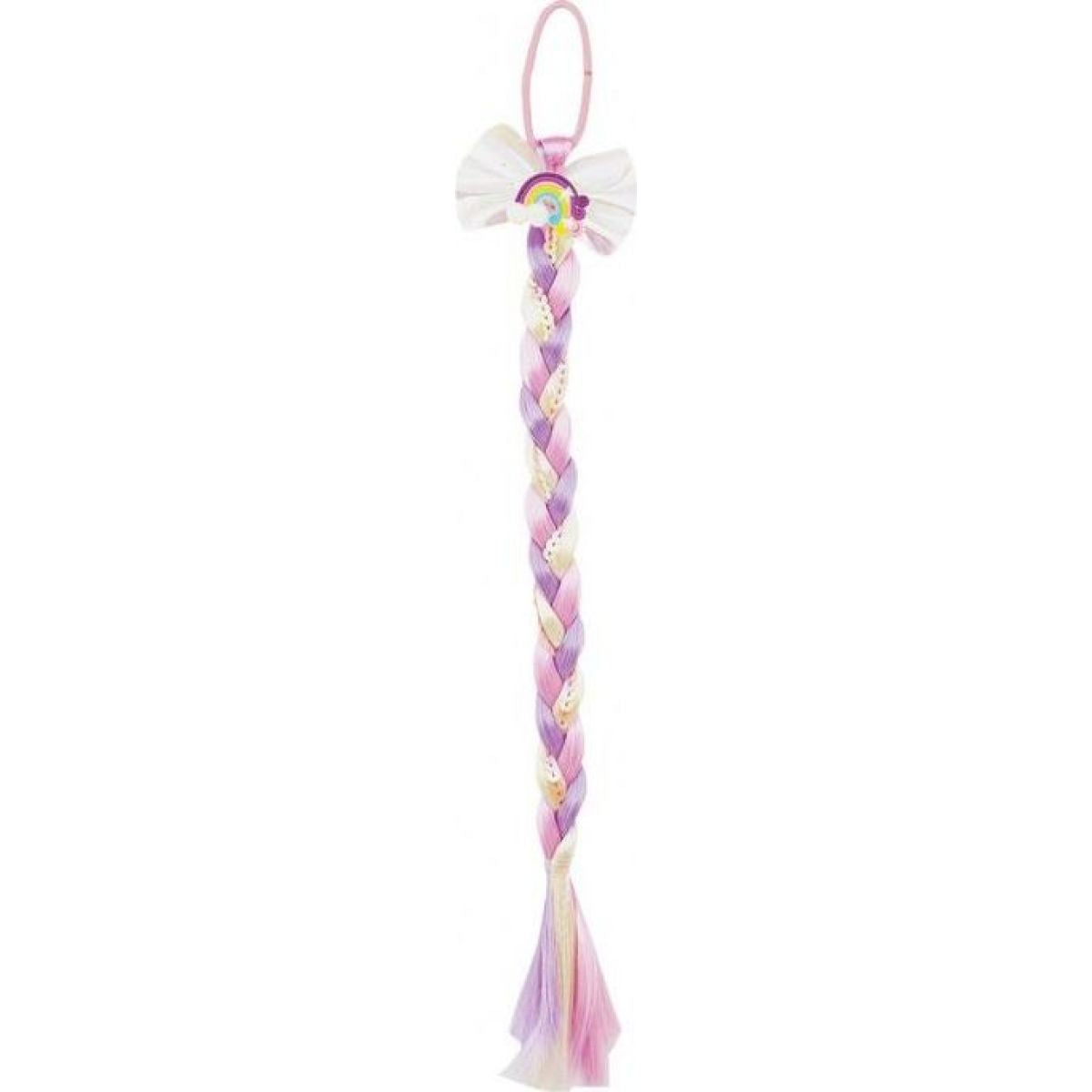 Gumička do vlasů s mašlí s dlouhým barevným copem s flitry 8x40cm v sáčku