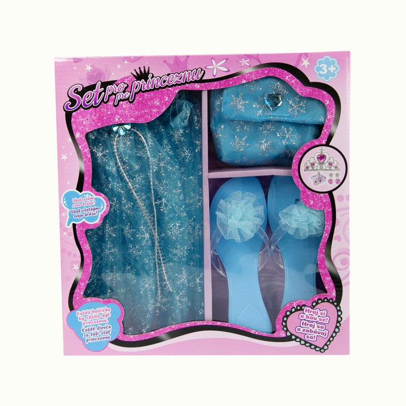 Set pro princeznu modrý, sukýnka, pantoflíčky, kabelka