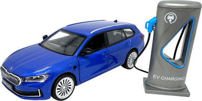 Škoda Superb IV Combi modré + nabíjecí stanice 1:35